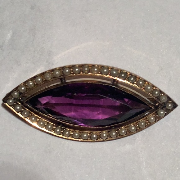 *RARE* VINTAGE F&B (FOSTER & BAILEY) AMETHYST SEED PEARL GOLD FILLED PIN BROOCH - Picture 4 of 6